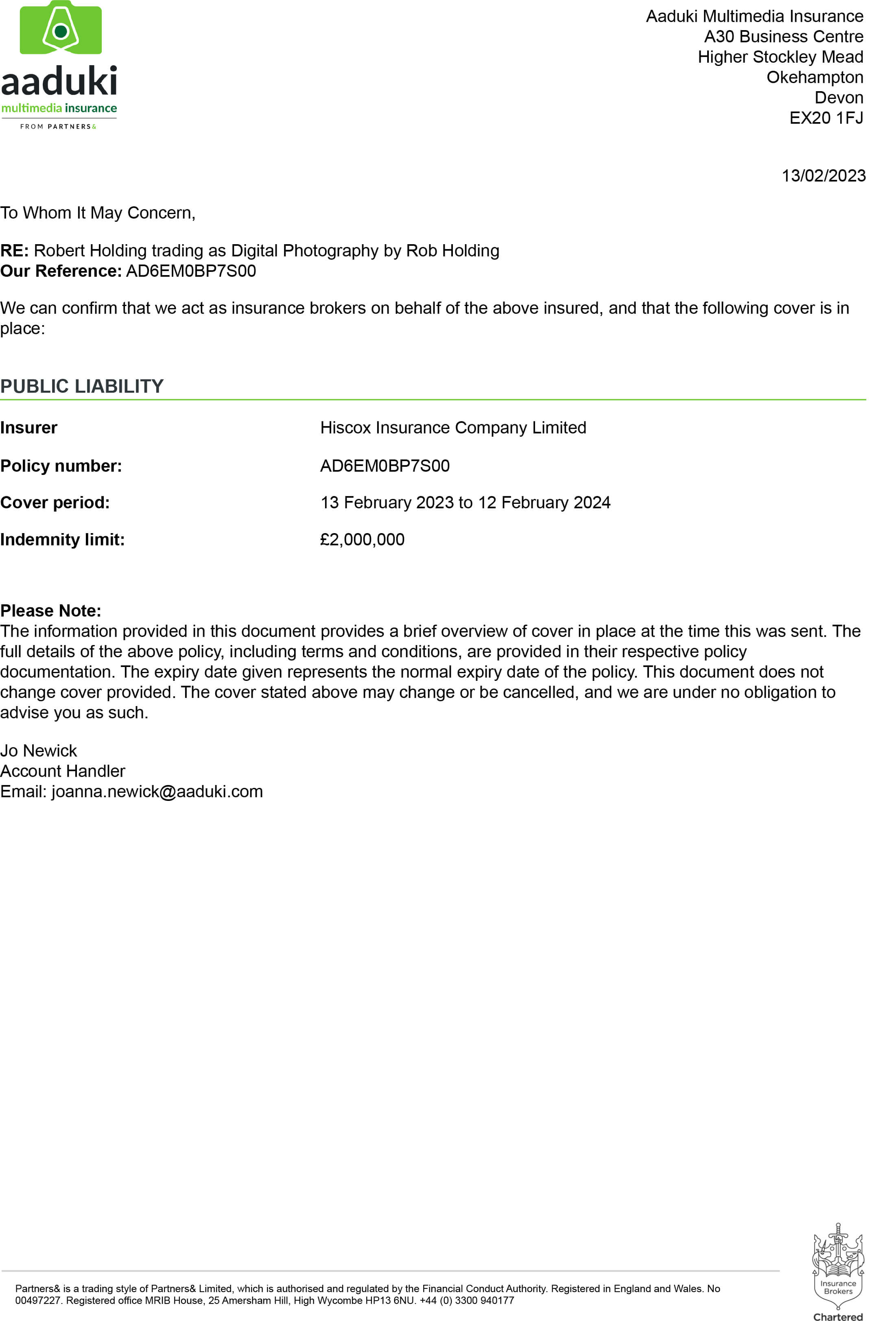 Digital Photography by Rob Holding's Insurance Certificate
